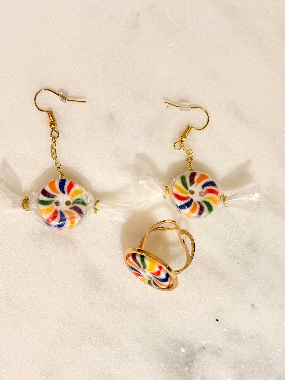 Colorful Candy Button Swirl Dangle Earrings and Ring Set - Gold Tone
